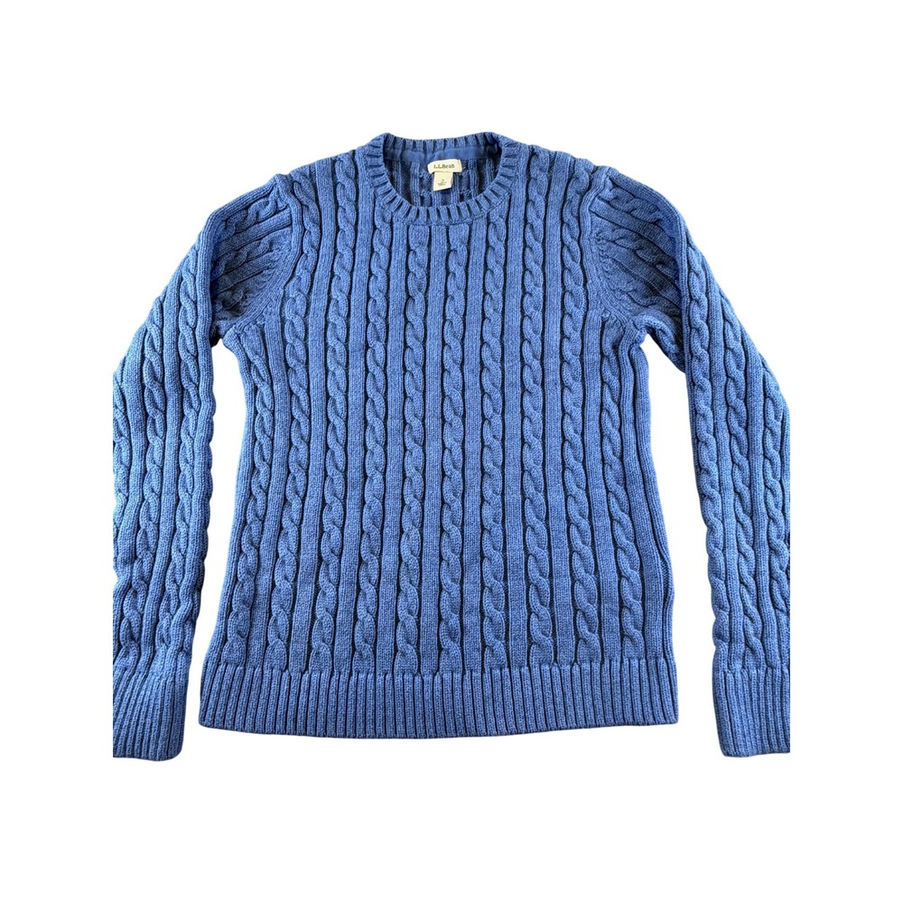 LL Bean Womens Blue Cable Knit Crewneck Sweater Size Small Regular Cotton